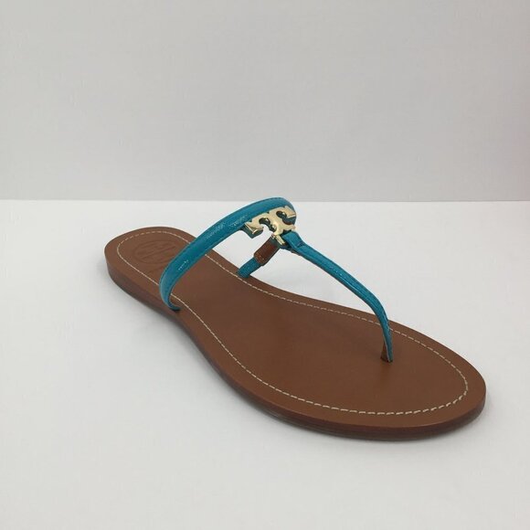 Tory Burch T Logo flat thong bright turquoise leather sandal 7 patent blue new - Picture 6 of 6